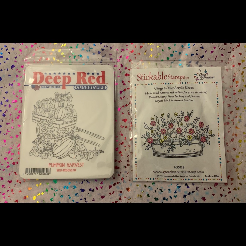 NWT 2 Stamp Sets for Crafting - Pumpkin Harvest Wagon & Flower Basket